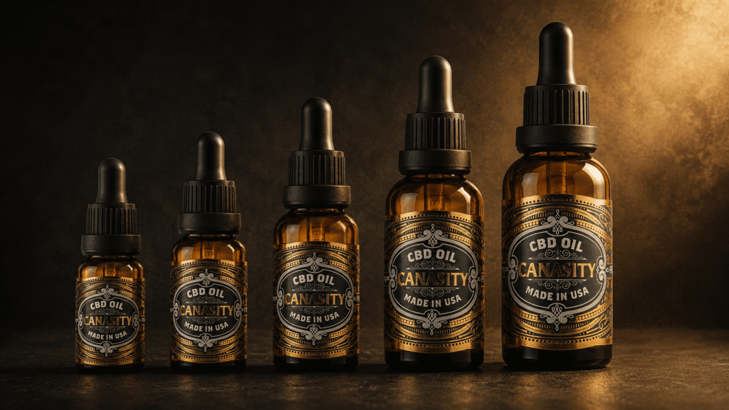 Fünf Canasity CBD-Öl-Flaschen in aufsteigender Größe – Stärken von 10 % bis 40 %