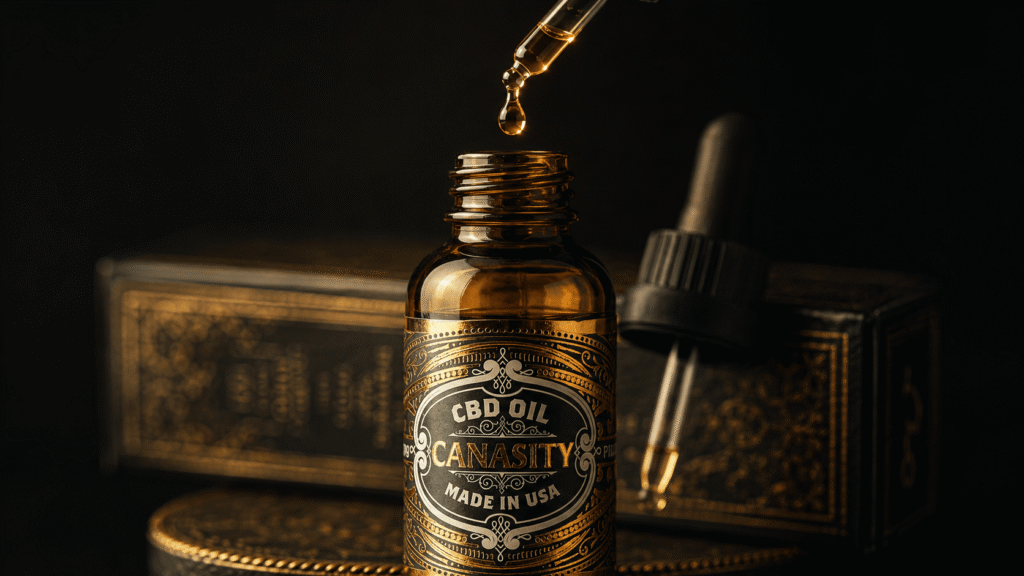 Glaspipette über einer Canasity CBD-Öl-Flasche mit einem goldenen Tropfen