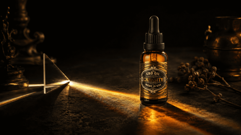 Canasity Breitspektrum-CBD-Öl-Flasche in einem Lichtstrahl, den ein Glasprisma in ein Spektrum bricht